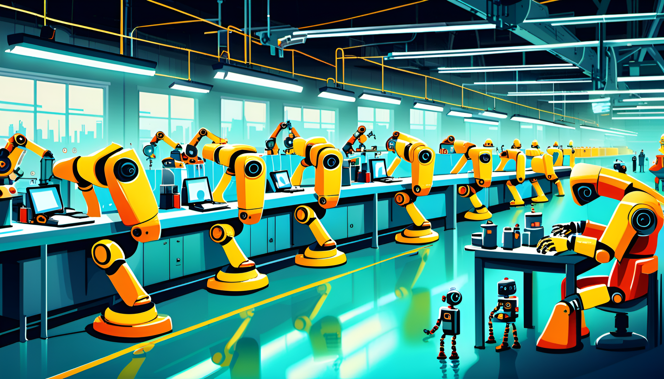 AI Robots work in factory devoid of any humans - dreamt up by me and created by Dreamstudio.ai